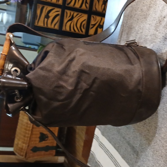 Authentic Gucci Vintage Bamboo Drawstring Shoulder Bag Nylon Leather Dark Brown - Picture 4 of 16